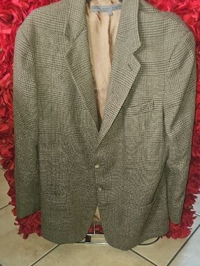 Le Collezioni Structure Men's Vintage 3 Button Wool Plaid Brown Blazer SizeLarge